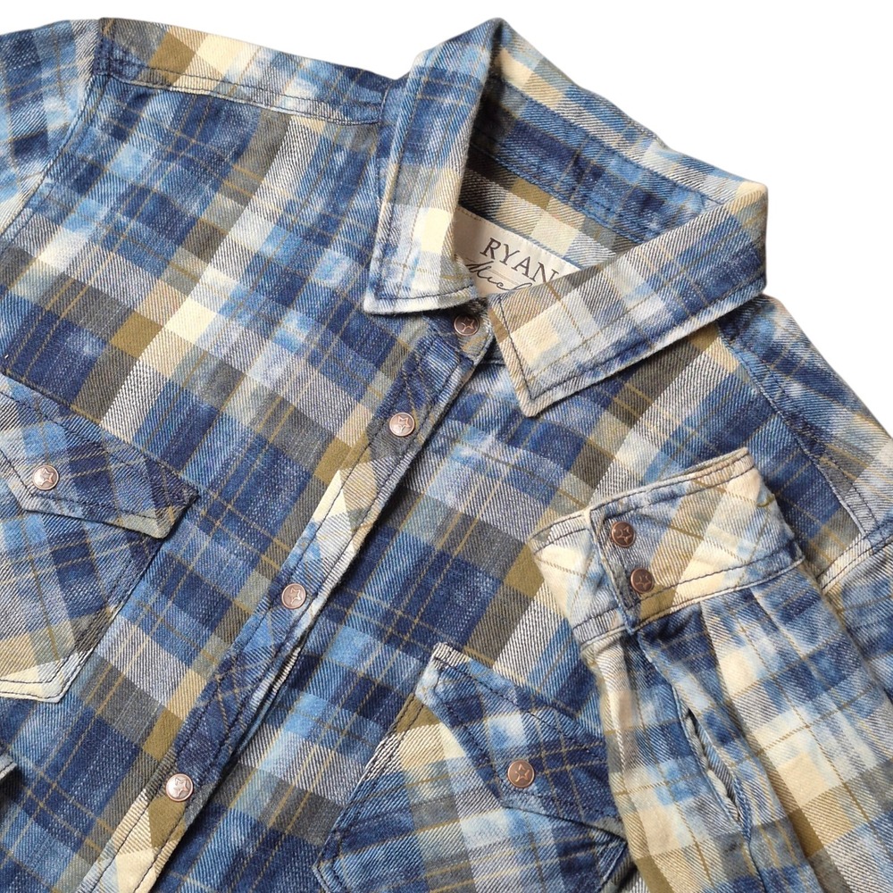 Ryan Michael Womens M Plaid Shirt Dress Blue Western Pearl Snap Fringe Hem Ranch